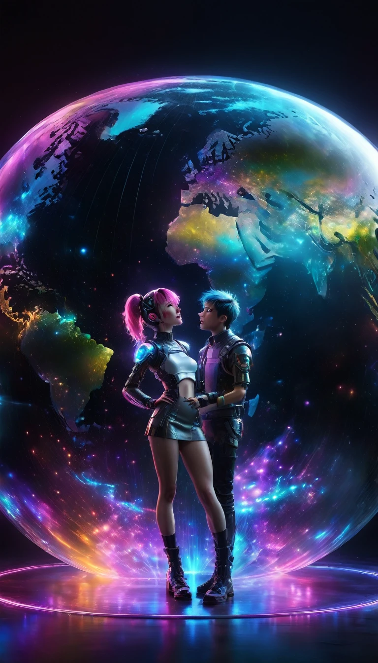 A cyberpunk girl stands center stage, singing powerfully directly toward the viewer's perspective in front of a massive globe surrounded by neon lights and floating digital bubbles. Beside her, a cyberpunk boy sings while gazing intently into her eyes. Both are standing under a futuristic cityscape filled with holograms, neon signs, and towering metallic structures. The characters are dressed in futuristic clothing with glowing accents, cybernetic enhancements, and vibrant hair colors. The atmosphere is moody with a blend of dark and neon colors."Negative Prompt:"Cartoonish elements, overly bright colors, messy background, flat lighting, outdated or medieval clothing, traditional hairstyles, plain or non-futuristic environments, lack of cybernetic features, simple or dull color schemes, unengaged expressions, off-center focus."This revision emphasizes the girl's direct engagement with the audience, singing powerfully toward the viewer, while maintaining the cyberpunk atmosphere and setting.