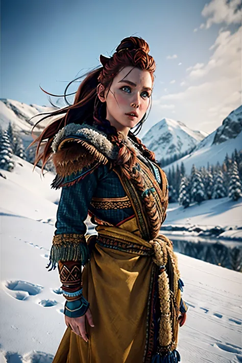 aloy full body, russet hair, with bow on the back, blue colored eyes, tribal clothing, i a snowy mountain, high resolution, supe...