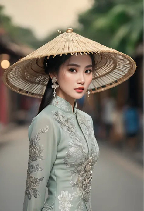 vietnamese girl in stylist ao dai costume, gorgeous, sophisticated design, bold fashion, impressive figure, oriental hoi an scen...