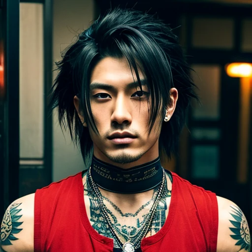 1 man, Japanese man, male, Asian eyes, muscular, broad shoulders, yakuza tattoos, hairstyle Visual Kei style, hair Visual Kei, black men's shirt and black pants, ultra detailed face, hyperrealistic, realistic representation, long hair, long hair, 30 years old, age 30 years, blonde hair, full body view 