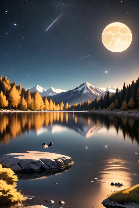 very starry night. a huge moon behind the mountain. a tranquil lake reflects the night. the sunset is accompanied by flying cran...