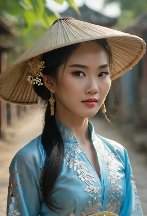 far shot, high camera angle of beautiful vietnamese girl in stylist light blue ao dai costume, gorgeous, sophisticated design, b...