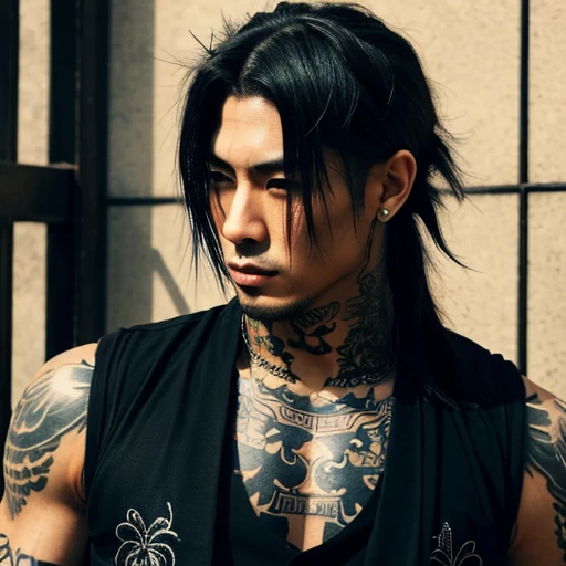 1 man, Japanese man, male, Asian eyes, muscular, broad shoulders, yakuza tattoos, hairstyle Visual Kei style, hair Visual Kei, black men's shirt and black pants, ultra detailed face, hyperrealistic, realistic representation, long hair, long hair, 30 years old, age 30 years, blonde hair, full body view 