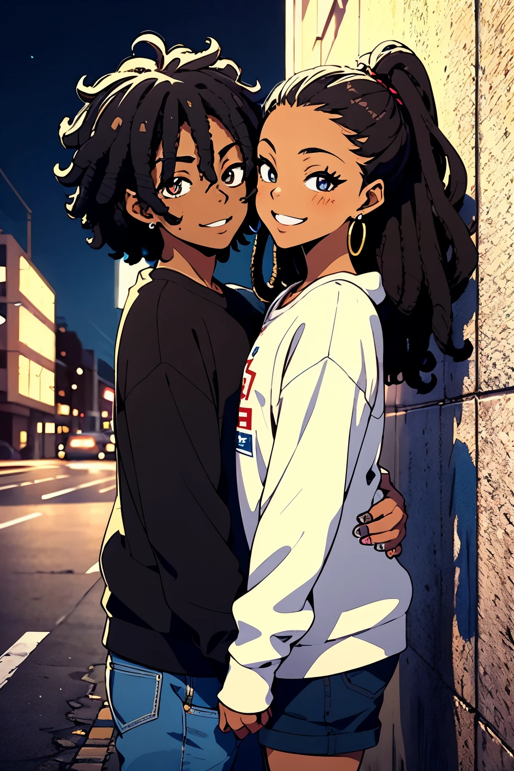 an anime style image that celebrates love between black couples.  and blacks, spanish,Skin color is brown, matching sweatshirt, beautiful detailed eyes,  com dreadlocks,Hair tied back,  with curly hair, urban environment, swirly vibrant colors, streetart, couple pose, smiling at each other, natural lighting, realisitic, modern art style, high resolution, rich texture, youthful energy,