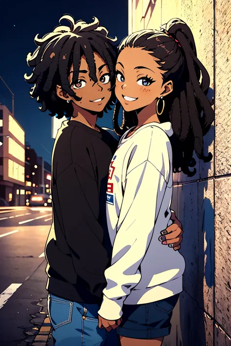 an anime style image that celebrates love between black couples.  and blacks, spanish,skin color is brown, matching sweatshirt, ...