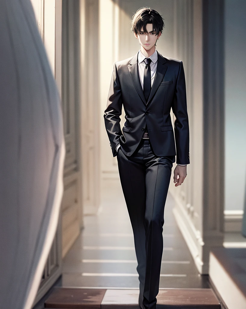 A Fullbody Picture of a really tall Anime Russian male, with short black hair,20 yrs, standing in suit and tie, body and head straight looking at camera in photo, DSLR, facing viewer in photo, eyes fixed on lens, shoulders and head appear in photo, man centered in photo, 8k , best quality, masterpiece, realistic, realistic photo, film photo, ultra realistic, 1 person, detailed, perfect lighting, DSLR, professional photo, 4k