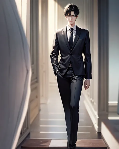 a fullbody picture of a really tall anime russian male, with short black hair,20 yrs, standing in suit and tie, body and head st...