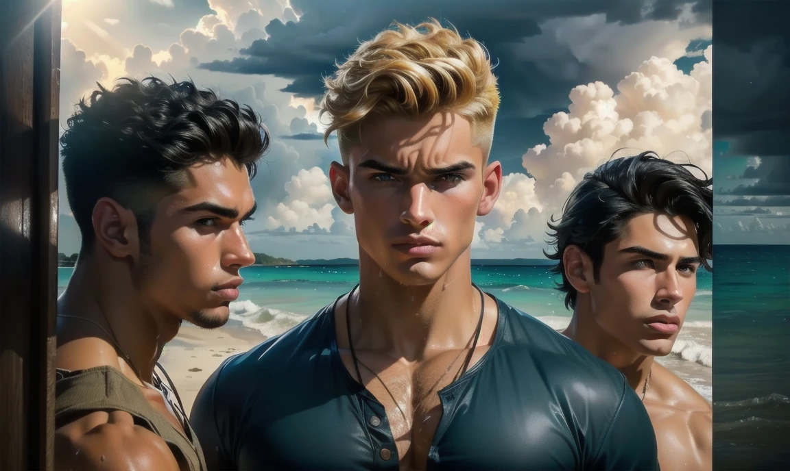 [((highly detailed, detailed eyes, detailed face, clear and realistic facial features, photorealistic, realistic light, cinematic)), ((((group of 3 men, each man looks unique, each man has a different natural hair color)))), (((group of sexy male college-age jocks standing on the beach and looking angry or frustrated))), ((wearing weathered casual clothes)), ((wet)), ((beautiful deserted tropical island with a storm in background))]