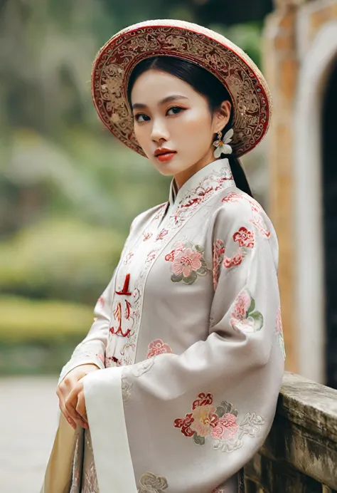 far shot full body, fashion shot, high camera angle of beautiful vietnamese girl in royal ahanhatbinh clothing, nhat binh clothi...