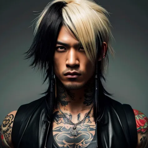 1 man, japanese man, male, asian eyes, muscular, broad shoulders, yakuza tattoos, hairstyle visual kei style, hair visual kei, b...