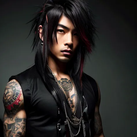 1 man, japanese man, male, asian eyes, muscular, broad shoulders, yakuza tattoos, hairstyle visual kei style, hair visual kei, b...