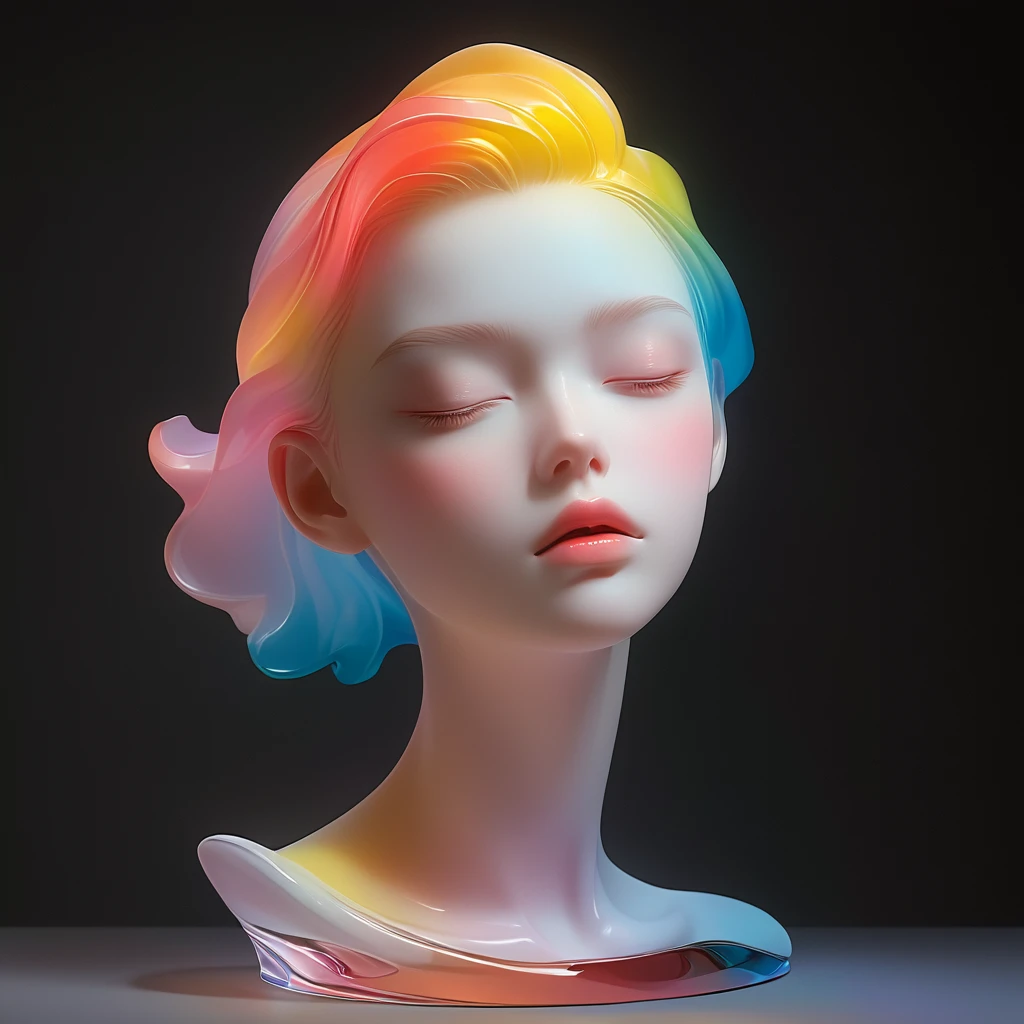 A 3D portrait sculpture is placed on a central stand..，simple，minimalism，Beautiful girl，Soft and elegant colors，Colored glass transparent，dark background，radiation