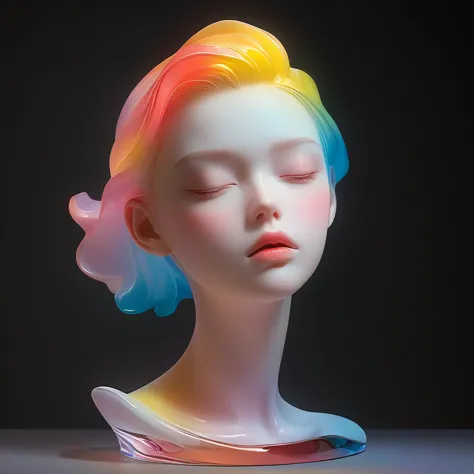 a 3d portrait sculpture is placed on a central stand..，simple，minimalism，beautiful girl，soft and elegant colors，colored glass tr...