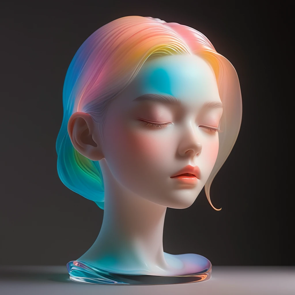 A 3D portrait sculpture is placed on a central stand..，simple，minimalism，Beautiful girl，Soft and elegant colors，Colored glass transparent，dark background，radiation