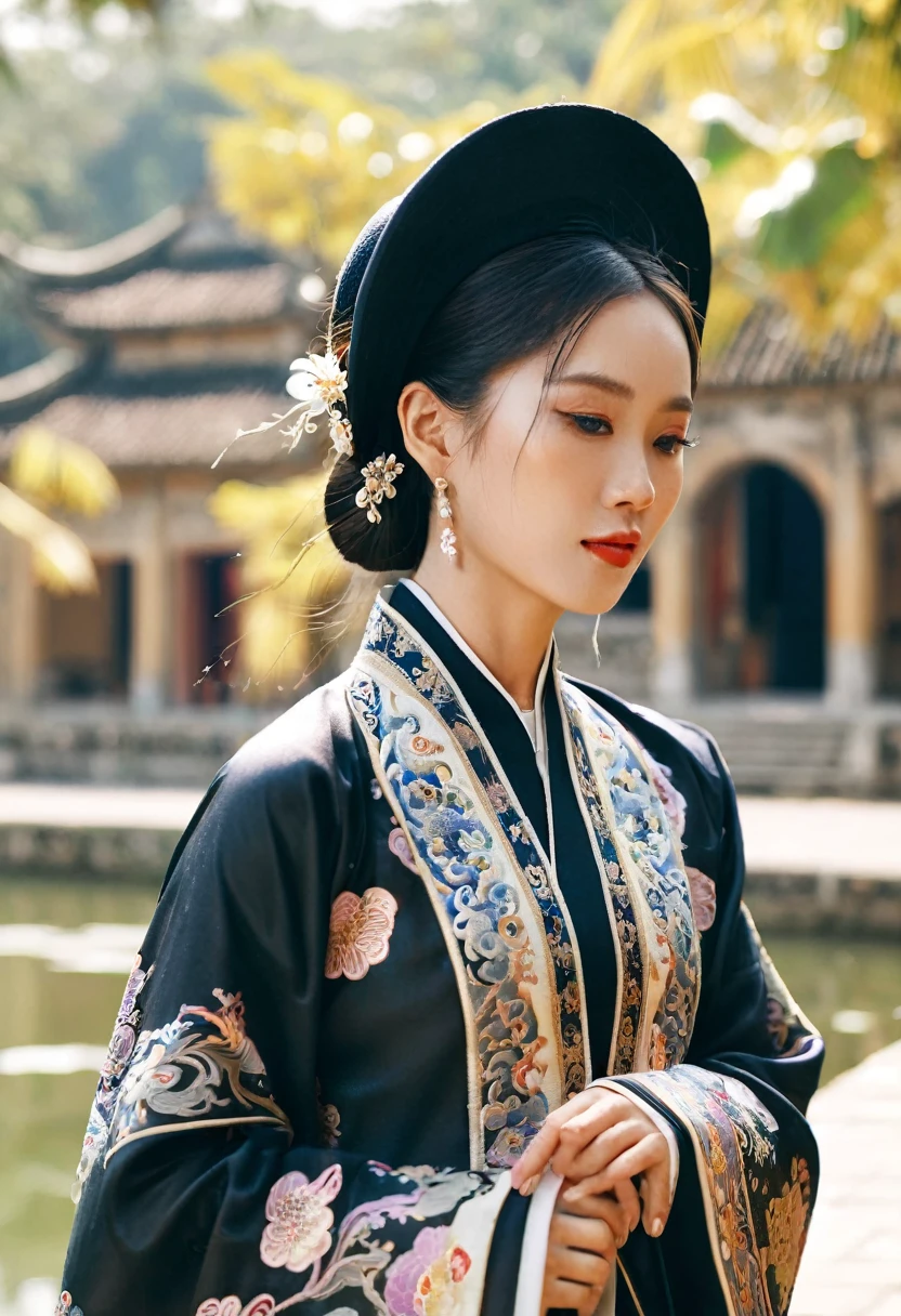 far shot full body, fashion shot, high camera angle of beautiful Vietnamese girl in royal ahanhatbinh clothing, nhat binh clothing, clothes, hat, pants, wide sleeves, long sleeves, gorgeous, sophisticated design, bold fashion, impressive figure, oriental Hoi An scene, cool style, magical shimmering, flying petals, realistic details, extremely detailed, 8K, super realistic, dynamic pose, cinematic lighting, low vivid, cinematic color tone, super detailed skin, wind blown
