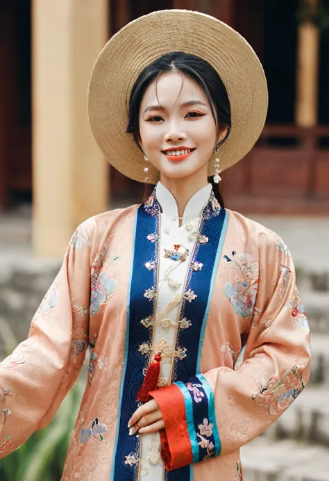 far shot full body, fashion shot, high camera angle of beautiful vietnamese girl in royal ahanhatbinh clothing, nhat binh clothi...