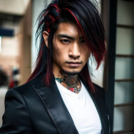 1 man, Japanese man, male, Asian eyes, muscular, broad shoulders, yakuza tattoos, hairstyle Visual Kei style, hair Visual Kei, black men's shirt and black pants, ultra detailed face, hyperrealistic, realistic representation, long hair, long hair, 30 years old, age 30 years, blonde hair, full body view 