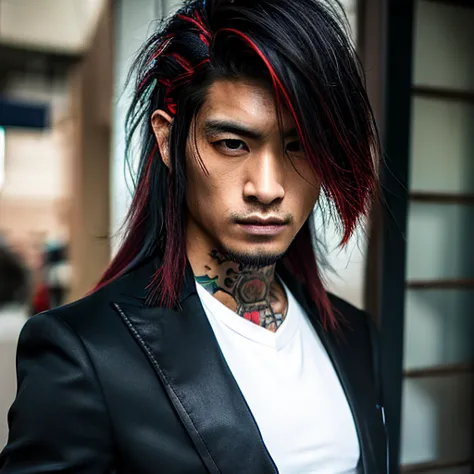 1 man, japanese man, male, asian eyes, muscular, broad shoulders, yakuza tattoos, hairstyle visual kei style, hair visual kei, b...