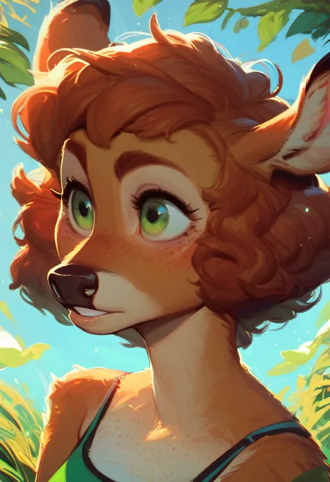 lotte, deer girl, furry female, body fur, animal nose, snout, animal ears, green eyes, brown hair, short hair, freckles,,