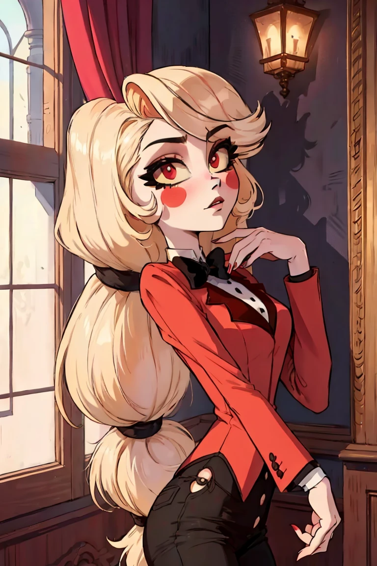 ass, from behind, Charlie, pretty girl, cute face, sparkling eyes, sweet expression, soft smile, looking at viewer, lovely,kawaii background,  redSuit, White skin, rosy cheek, blonde ankle-length hair,  twice-banded ponytail with two black hair ties,eyes with light yellow sclera, red pupils, s 
red tuxedo-jacket with darker-colored lapels, high-collared white untucked dress-shirt with small black buttons on the upper-front, small black bowtie and black suspenders over her shoulders, dark red dress pants, medium-heeled white saddle shoes, (masterpiece:1.2), (cowboy-shot:1.2), dark romantic lighting, (highly detailed:1.2), (detailed face:1.2), (full-body shot:1.2), (gradients), colorful, detailed eyes, (natural lighting:1.2), (solo:1.2),