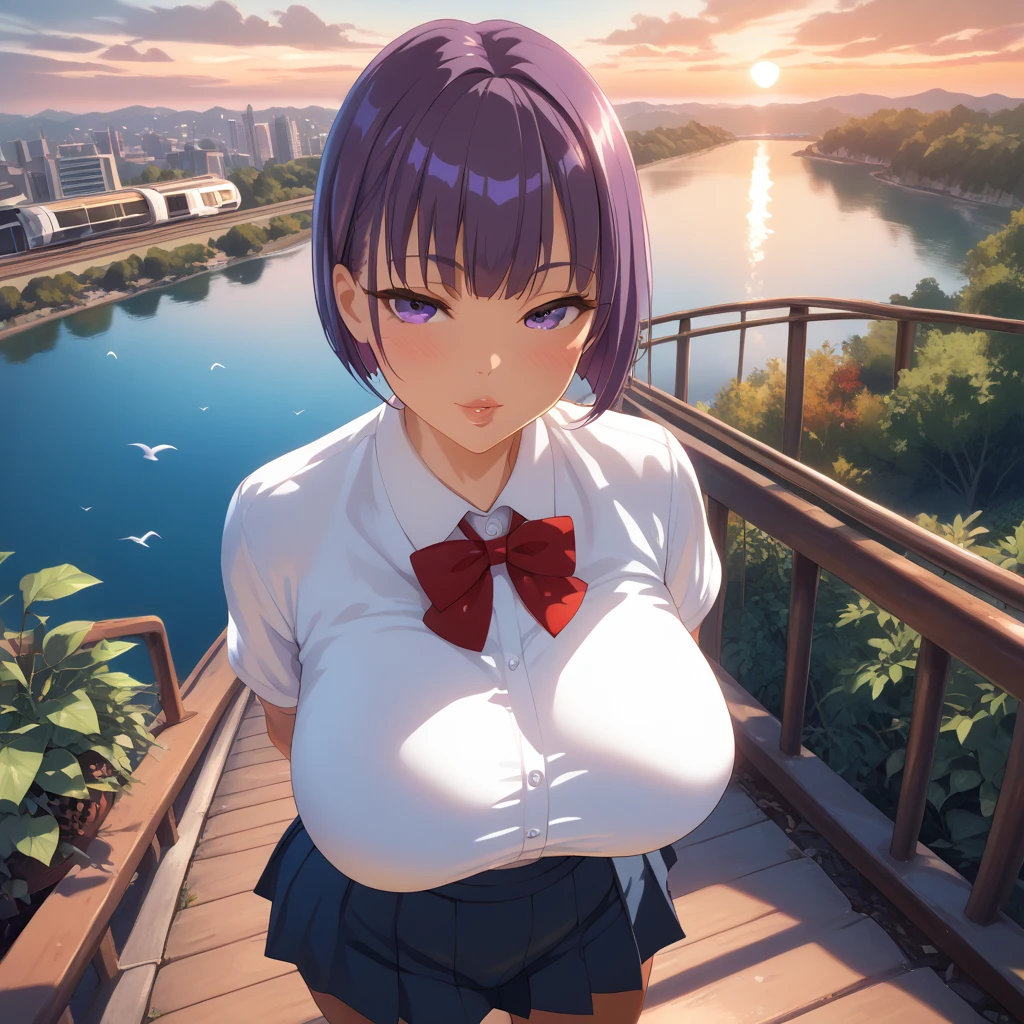 1 female, really short, tanned, round face, front view, pov angle, high angle, plump lips, submissive face, round face, detailed face, short purple hair, bowl cut, bangs, big purple eyes, full lidded eyes, puckered lips, hands behind back, school uniform, white shirt, clothes stretch, realistic fabric, red ribbon, short blue skirt, skin tight clothing, extremely flushed face, massive breasts, slim waist, cinematic lighting, volumetric lighting, sunset, leaves falling in background, birds in sky, detailed city background, on a bridge, warm hues,train tracks in background, plants