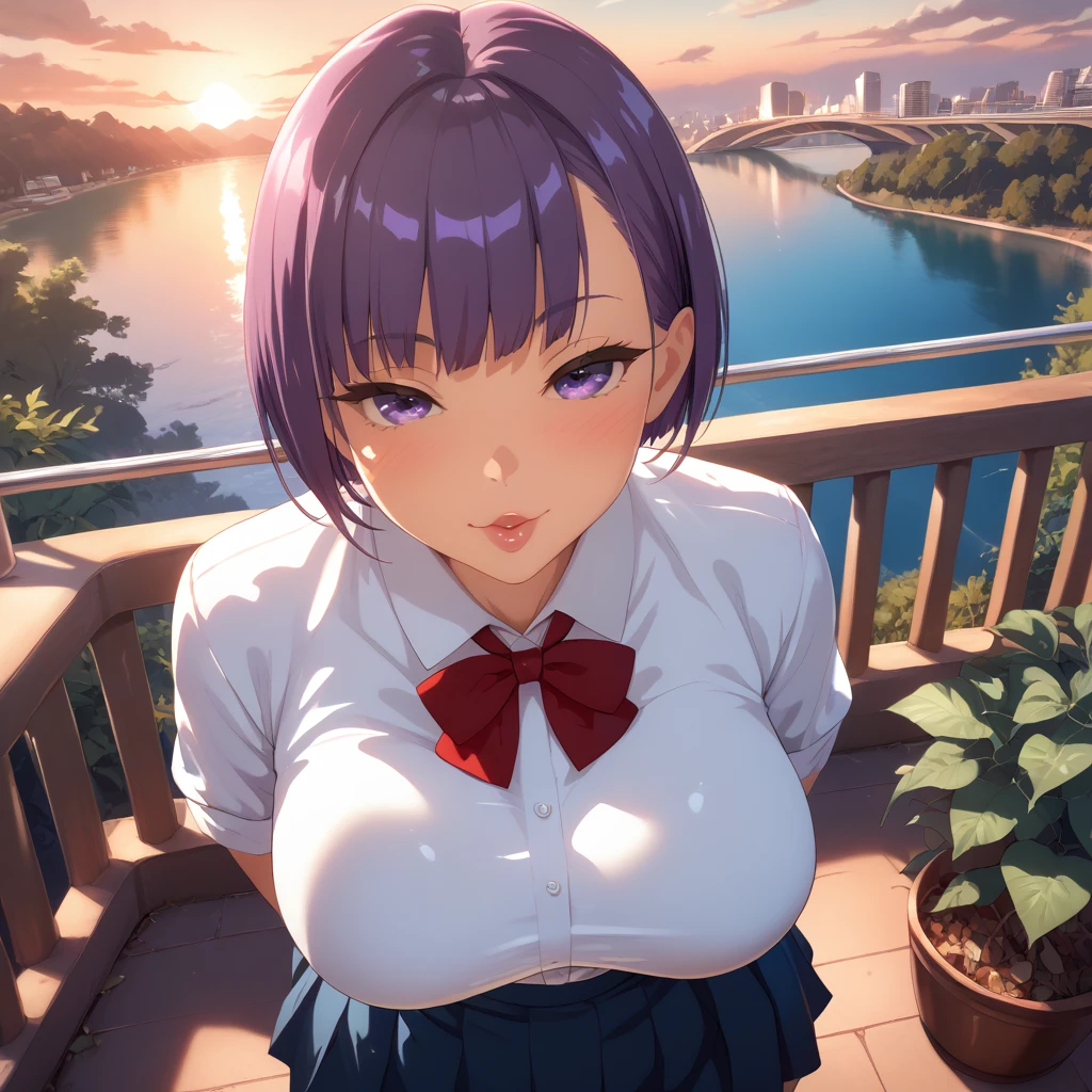 1 female, really short, tanned, round face, front view, pov angle, high angle, plump lips, submissive face, round face, detailed face, short purple hair, bowl cut, bangs, big purple eyes, full lidded eyes, puckered lips, hands behind back, school uniform, white shirt, clothes stretch, realistic fabric, red ribbon, short blue skirt, skin tight clothing, extremely flushed face, massive breasts, slim waist, cinematic lighting, volumetric lighting, sunset, leaves falling in background, birds in sky, detailed city background, on a bridge, warm hues,train tracks in background, plants