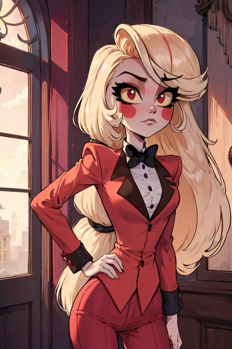 ass, ass focus, Charlie, pretty girl, cute face, sparkling eyes, sweet expression, soft smile, looking at viewer, lovely,kawaii background,  redSuit, White skin, rosy cheek, blonde ankle-length hair,  twice-banded ponytail with two black hair ties,eyes with light yellow sclera, red pupils, s 
red tuxedo-jacket with darker-colored lapels, high-collared white untucked dress-shirt with small black buttons on the upper-front, small black bowtie and black suspenders over her shoulders, dark red dress pants, medium-heeled white saddle shoes, (masterpiece:1.2), (cowboy-shot:1.2), dark romantic lighting, (highly detailed:1.2), (detailed face:1.2), ass, (full-body shot:1.2), (gradients), colorful, detailed eyes, (natural lighting:1.2), (solo:1.2),