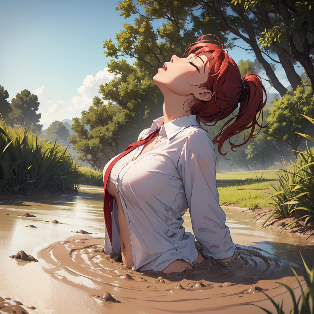 1girl, solo:1.5, masterpiece, best quality, high res, highly detailed, (illustration), beautiful detailed eyes, yuigahama yui, red hair ponytail, glossy lips, light makeup, orgasm, (looking up to the sky:1.5), (mouth open:1.2), intimate moment, school shirt, (quicksand:1.4), (submerged up to her torso), (from side:1.4), bog, swamp, grass, trees, (eyes closed:1.3),