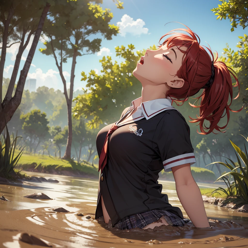 1girl, solo:1.5, masterpiece, best quality, high res, highly detailed, (illustration), beautiful detailed eyes, yuigahama yui, red hair ponytail, glossy lips, light makeup, orgasm, (looking up to the sky:1.5), (mouth open:1.2), intimate moment, school shirt, (quicksand:1.4), (submerged up to her torso), (from side:1.4), bog, swamp, grass, trees, (eyes closed:1.3),