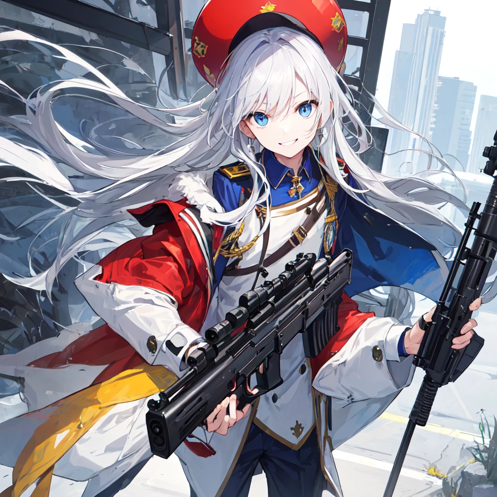 He had a drum magazine machine gun.、Young、Russian skin、Silver Hair、Blue Eyes、Red military uniform、smile((high resolution))((Anatomically correct))((One person))