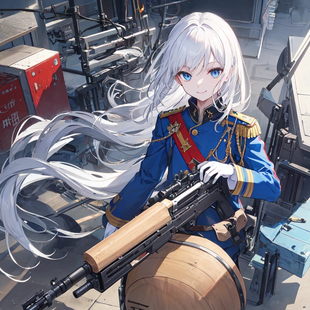 He had a drum magazine machine gun.、Young、Russian skin、Silver Hair、Blue Eyes、Red military uniform、smile((high resolution))((Anatomically correct))((One person))