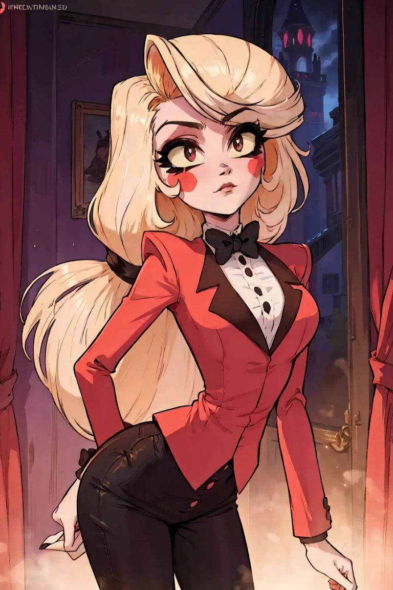 sexy, ass, ass, Charlie, pretty girl, cute face, sparkling eyes, ass, weet expression, soft smile, looking at viewer, lovely,kawaii background,  redSuit, White skin, rosy cheek, blonde ankle-length hair,  twice-banded ponytail with two black hair ties,eyes with light yellow sclera, red pupils, s 
red tuxedo-jacket with darker-colored lapels, high-collared white untucked dress-shirt with small black buttons on the upper-front, small black bowtie and black suspenders over her shoulders, dark red dress pants, medium-heeled white saddle shoes, (masterpiece:1.2), (cowboy-shot:1.2), dark romantic lighting, (highly detailed:1.2), (detailed face:1.2), (full-body shot:1.2), (gradients), colorful, detailed eyes, (natural lighting:1.2), (solo:1.2),