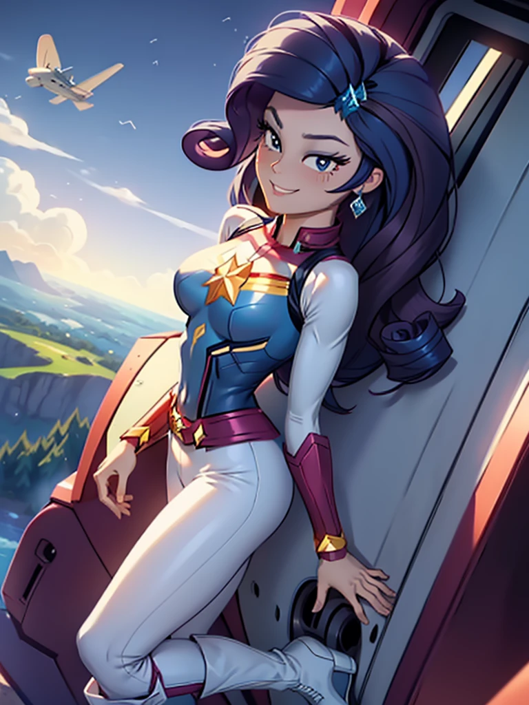 Rarity, Huge-breasts, Lush breasts, Elastic breasts, hairlong, Luxurious hairstyle, In the costume of Captain Marvel, white and blue suit, Elegant boots white, in the sky, superhero, brawn, in full height, Happy, ssmile, Rhinestones and diamonds are everywhere, Magic, from bottom to up view, Superhero pose, Blue Beam Flight, beste-Qualit, Very detailed, 8K quality, in full height