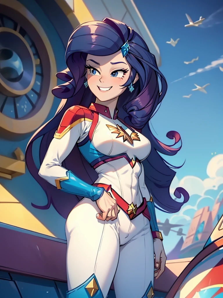 Rarity, huge breasts, Lush breasts, elastic breasts, Long hair, Luxurious hairstyle, With the Captain Marvel costume, white and blue suit, Elegant white boots, in the sky, superhero, headcheese, in all its height, happy, smile, Rhinestones and diamonds are everywhere., magic, view from bottom to top, superhero pose, Flight of the blue ray, Best Quality, Very detailed, 8K quality, in all its height, naked, underwear 