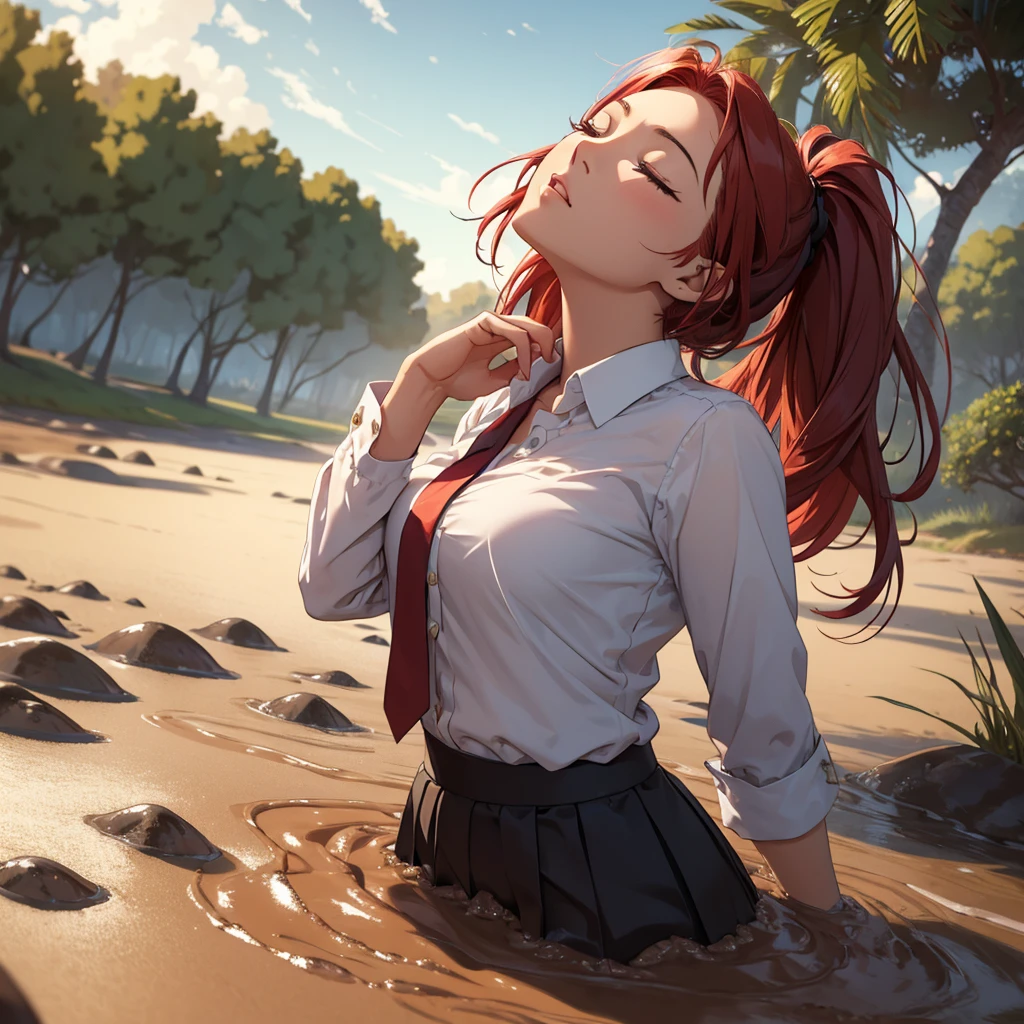 1girl, solo:1.5, masterpiece, best quality, high res, highly detailed, (illustration), beautiful detailed eyes, yuigahama yui, red hair ponytail, glossy lips, light makeup, orgasm, (looking up to the sky:1.5), (mouth open:1.2), intimate moment, school shirt, (quicksand:1.4), (submerged up to her torso), (from side:1.4), bog, swamp, grass, trees, (eyes closed:1.3),