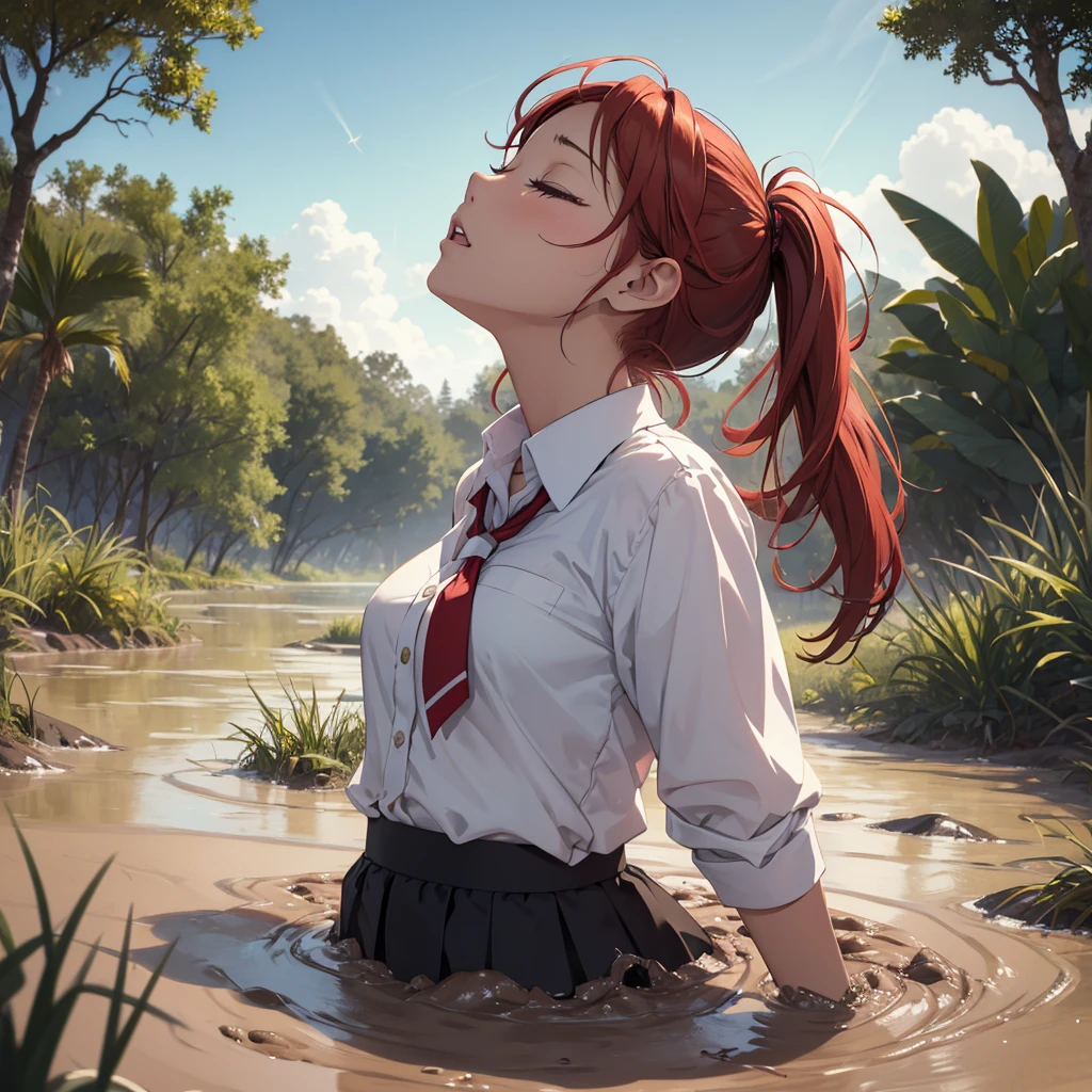 1girl, solo:1.5, masterpiece, best quality, high res, highly detailed, (illustration), beautiful detailed eyes, yuigahama yui, red hair ponytail, glossy lips, light makeup, orgasm, (looking up to the sky:1.5), (mouth open:1.2), intimate moment, school shirt, (quicksand:1.4), (submerged up to her torso), (from side:1.4), bog, swamp, grass, trees, (eyes closed:1.3),