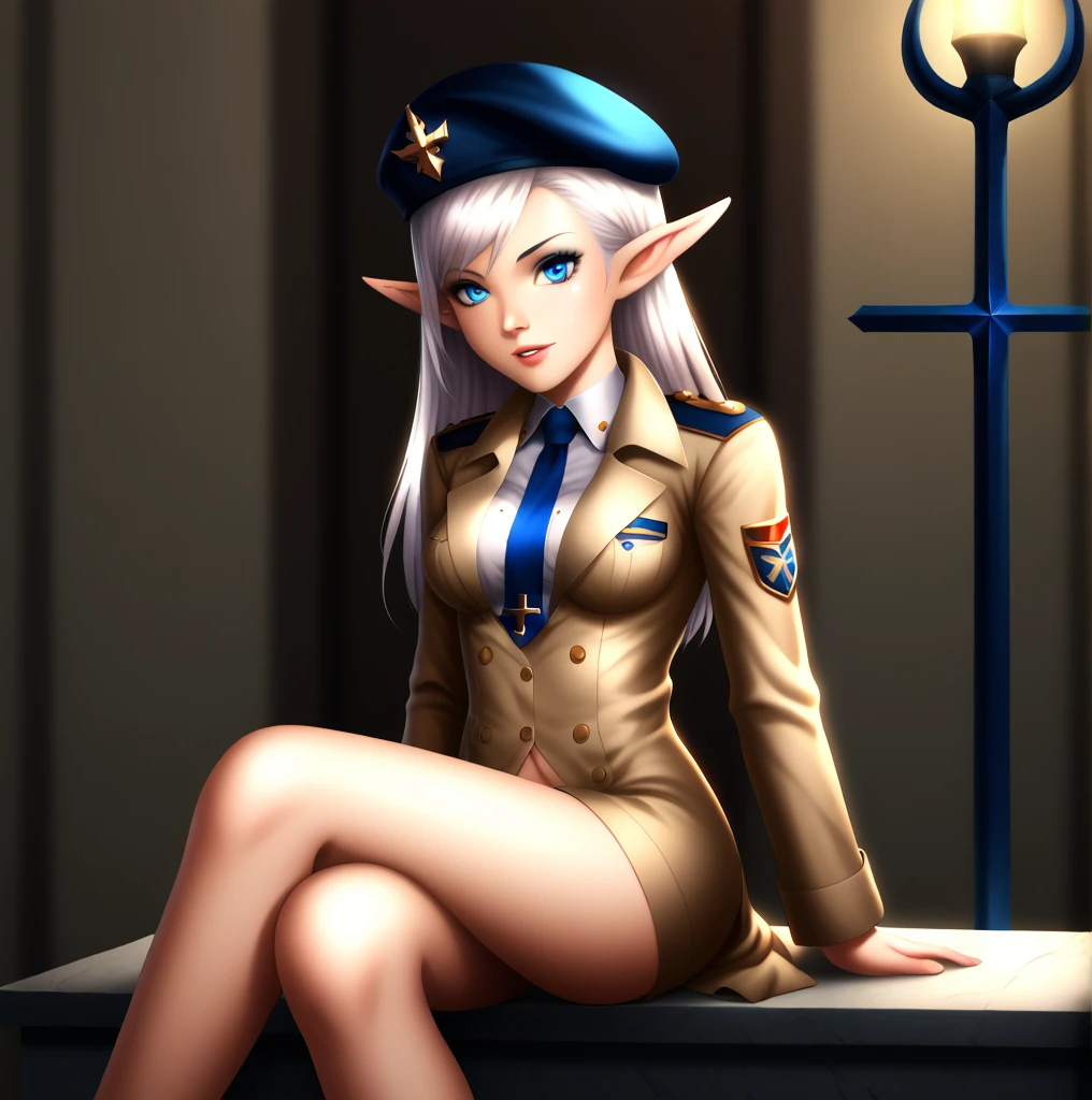 (work of art, Maximum quality, best qualityer, officer Art, Beauty and aesthetics: 1.2), (plain color: 1.3), very detailled, detailed face and eyes, cinematic light, SFW, アニメ, Depth of field, 1 girl, standing alone, officer, White hair, elf ears, shorth hair, blue colored eyes, black eyeshadow, average , white beret, trenchcoat branco, Military, Oficial SS, buttoned up, Jumpy, sitting down, submissive, cross legs