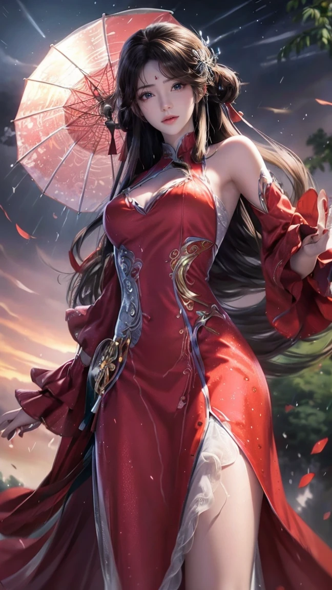 1girl, solo, long hair, looking at viewer, open mouth, bangs, hair ornament, long sleeves, dress, holding, standing, brown hair, flower, outdoors, hairclip, brown eyes, bag, see-through, umbrella, rain, holding umbrella, chinese text, Red dress, white skirt