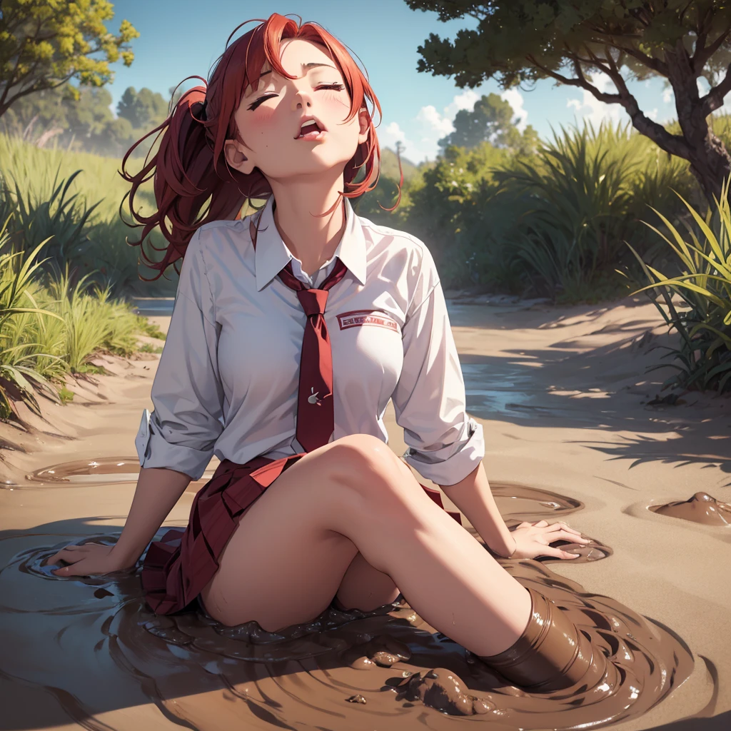 1girl, solo:1.5, masterpiece, best quality, high res, highly detailed, (illustration), beautiful detailed eyes, yuigahama yui, red hair ponytail, glossy lips, light makeup, orgasm, (looking up to the sky:1.5), (mouth open:1.2), intimate moment, school shirt, red skirt, (quicksand:1.4), (submerged up to her torso), (from side:1.4), bog, swamp, grass, trees, (eyes closed:1.3),