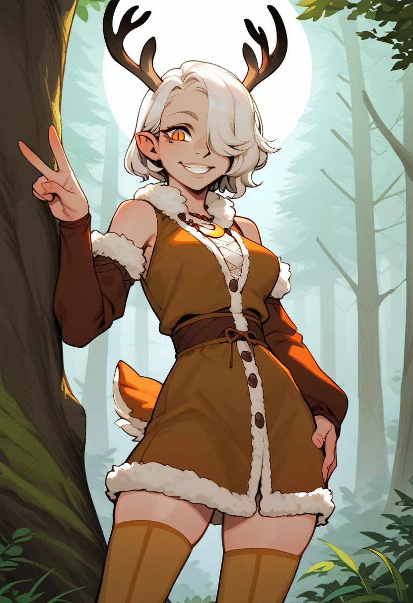 1girl,solo,deer girl,antlers,white hair,animal ears,tail,hair over one eye,orange eyes,slit pupils,crescent moon necklace,fur capelet,brown shirt,yellow bikini top,fur skirt,brown legwear,detached sleeves,
forest,outdoors,bare tree,fog,
looking at viewer,smile,hand up,v,hand on own hip,standing,back against tree,, score_9, score_8_up, score_7_up, perfect anatomy, source_anime, zPDXL2,