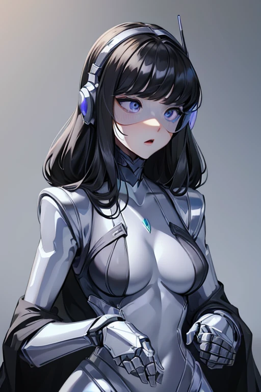 empty eyes,robotization,woman ,big bust,Robot Joint ,Metal skin,Black Suit,long hair,a black suit that covers the whole body