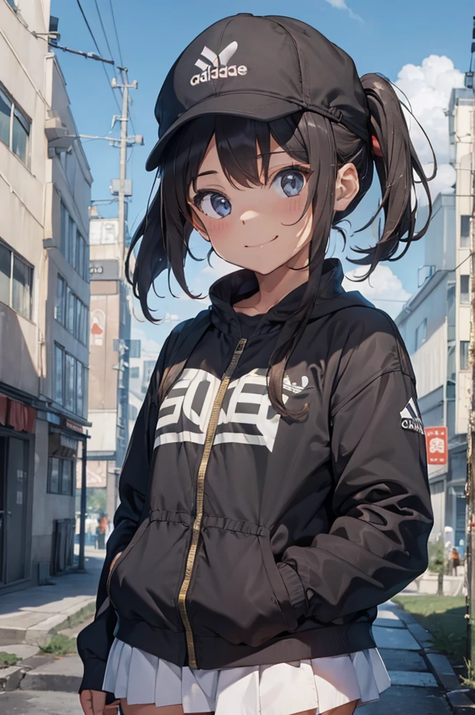 masterpiece, ultra detailed, super soft shapes, professional composition, 2girl, gopnik, adidas clothes, cap black, smirk, smile, look at viewer, cute, in the background post soviet city, hdr, detailed, 