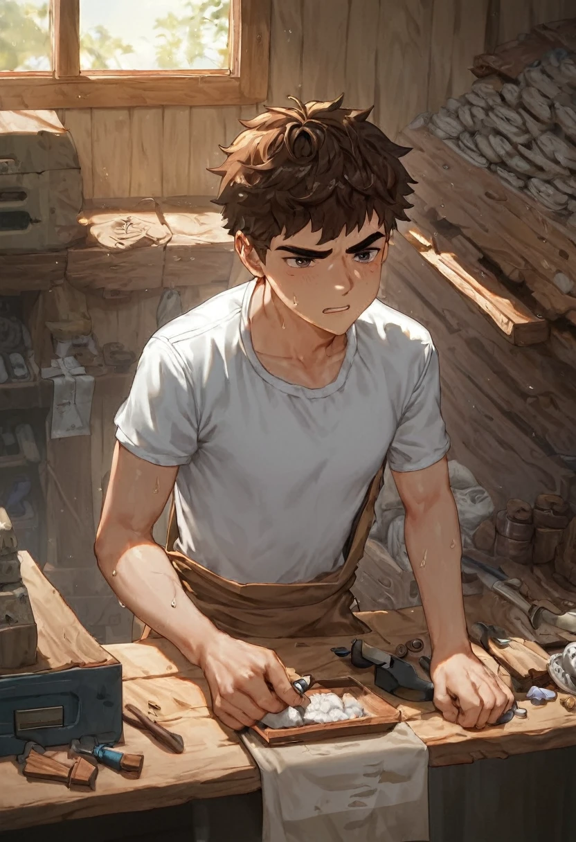 rating_safe, score_9_up, score_8_up, thin 20yo man, 1boy, solo, dark eyes pale freckled skin, (garage shop background), ((chin-length brown hair)), (young man carving block of wood), (carving tools held in hand), ((man carving a big block of smooth wood)), determined expression, sweat drop running down temple, fatty bangs hanging into face, low perspective, dark eyes, bushy eyebrows, low light, negative hands, dark, simple woodworking apron and t-shirt, white shirt, (highest quality, masterpiece), sitting in workshop, sideview