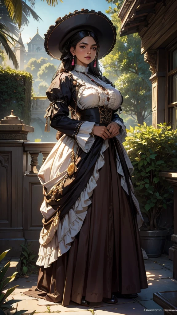 realism, really dark complexion very attractive adult Hispanic woman, beauty marks, photorealistic Victorian era native clothing, diverse native hairstyle, humongous hanging breasts, single source natural lighting, voyeuristic pinups, full body, in a mansion's backyard, ,, , 