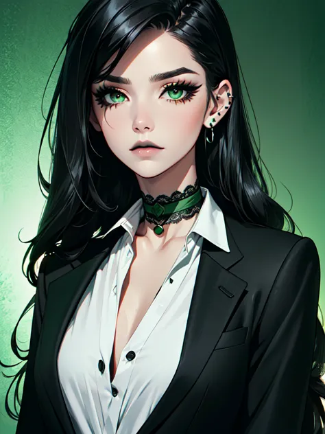 emo_hairstyle, ((tight black suit)), (black lace blazer), black tie, ((long hair)), ((straight hair)), (((black hair))), side sw...