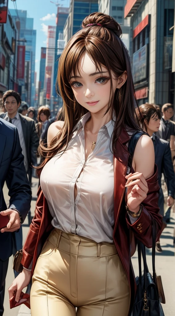 cheered up「Gigante Shingeki」Shasa de, shoulder length hair, Brown hair, Horse tail, beautiful, beautiful woman, perfect body, big breasts, with a white formal shirt unbuttoned, black transparent pants, carrying a bag, he is wearing a watch, earrings wearing earrings, in public, Creatures of Tokyo City, Being on the street, He looks at the viewer with a slight smile.., Realism, masterpiece, Textured leather, naked, Super detailed, High detail, high quality, 最high quality, 1080P, 16k