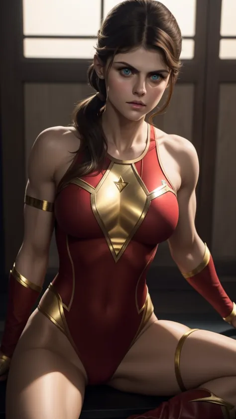 alexandra daddario as a beautiful female superheroine , green eyes brown hair, ponytail, red crop shirt, with a golden star, wea...