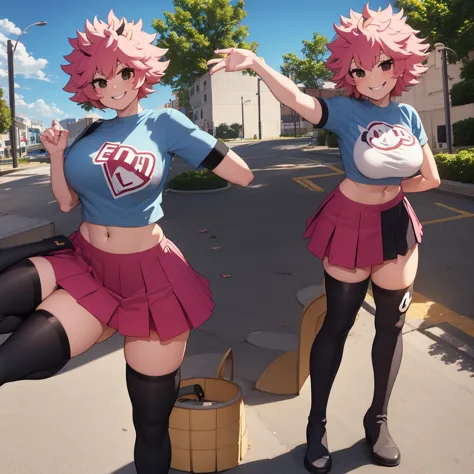 mina ashido de my hero academia t-shirt logo, pleated skirt, diaphragm, thigh high boots, smile, undulation, looking at the view...