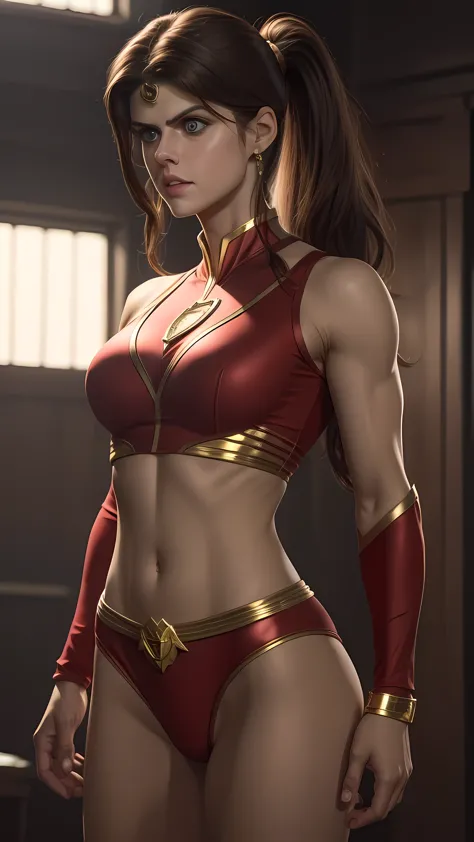 alexandra daddario as a beautiful female superheroine , green eyes brown hair, ponytail, red crop shirt, with a golden star, wea...