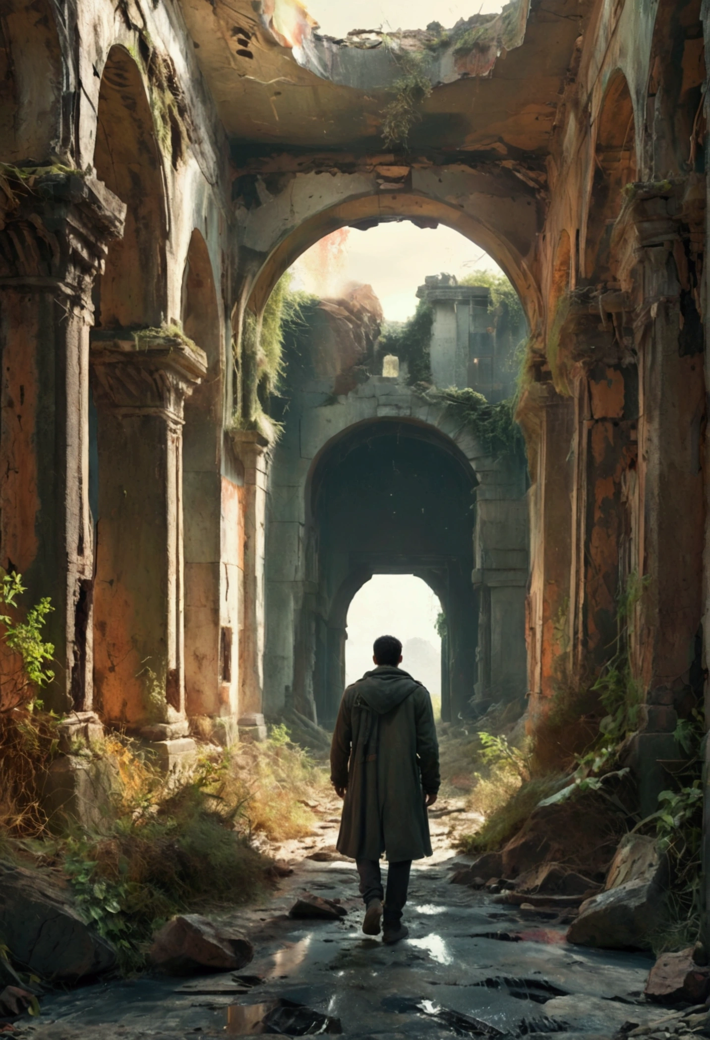 a desolated mind, a man walking in surreal landscape, taken from behind, abandoned ruins, overgrown vegetation, cracked earth, gloomy atmosphere, dramatic lighting, cool color palette, moody cinematic composition, (best quality,4k,8k,highres,masterpiece:1.2),ultra-detailed,(realistic,photorealistic,photo-realistic:1.37),dark fantasy,conceptual art,intricate details